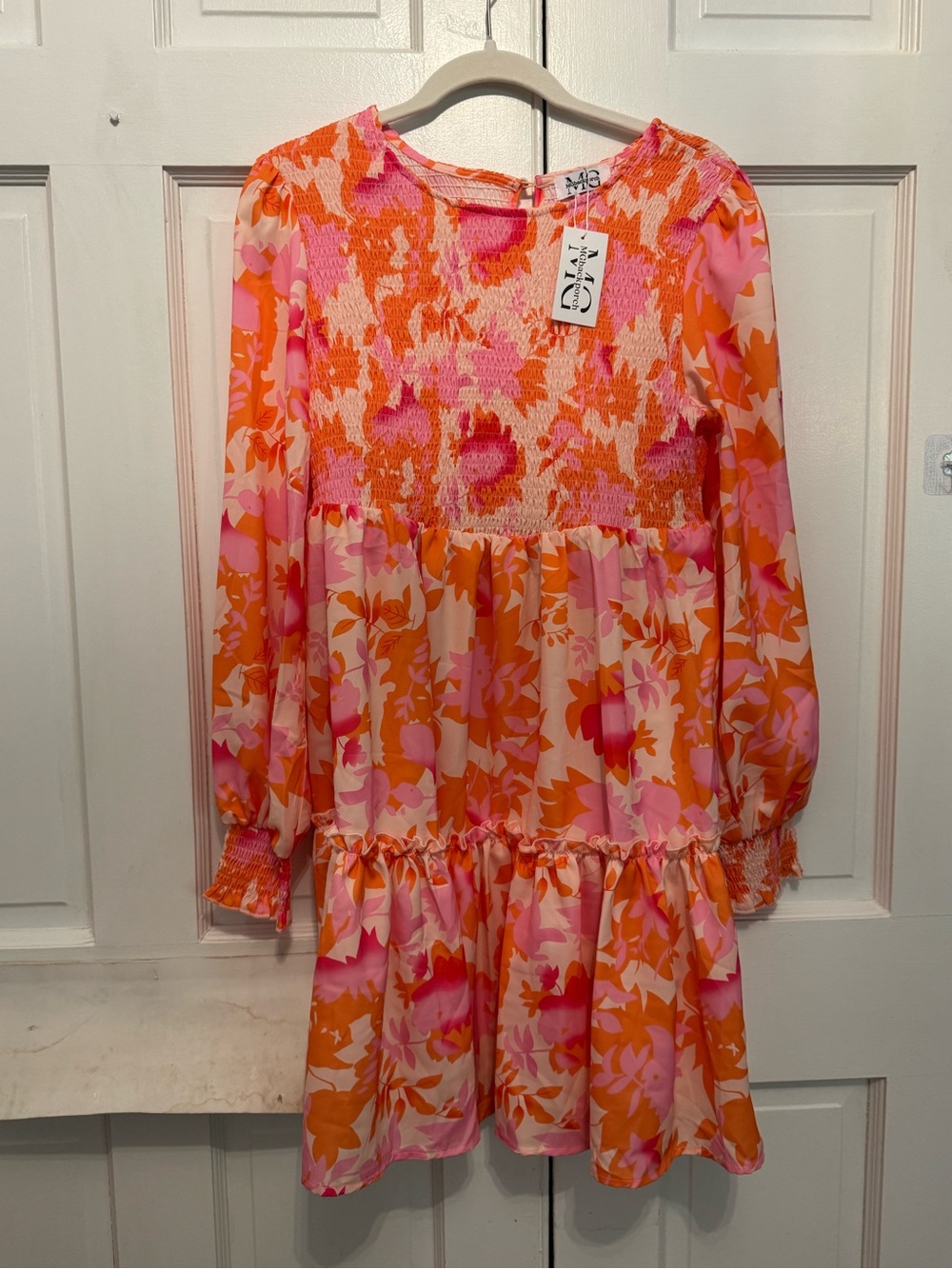 Kids Orange & Pink Floral Smocked Long-Sleeve Dress